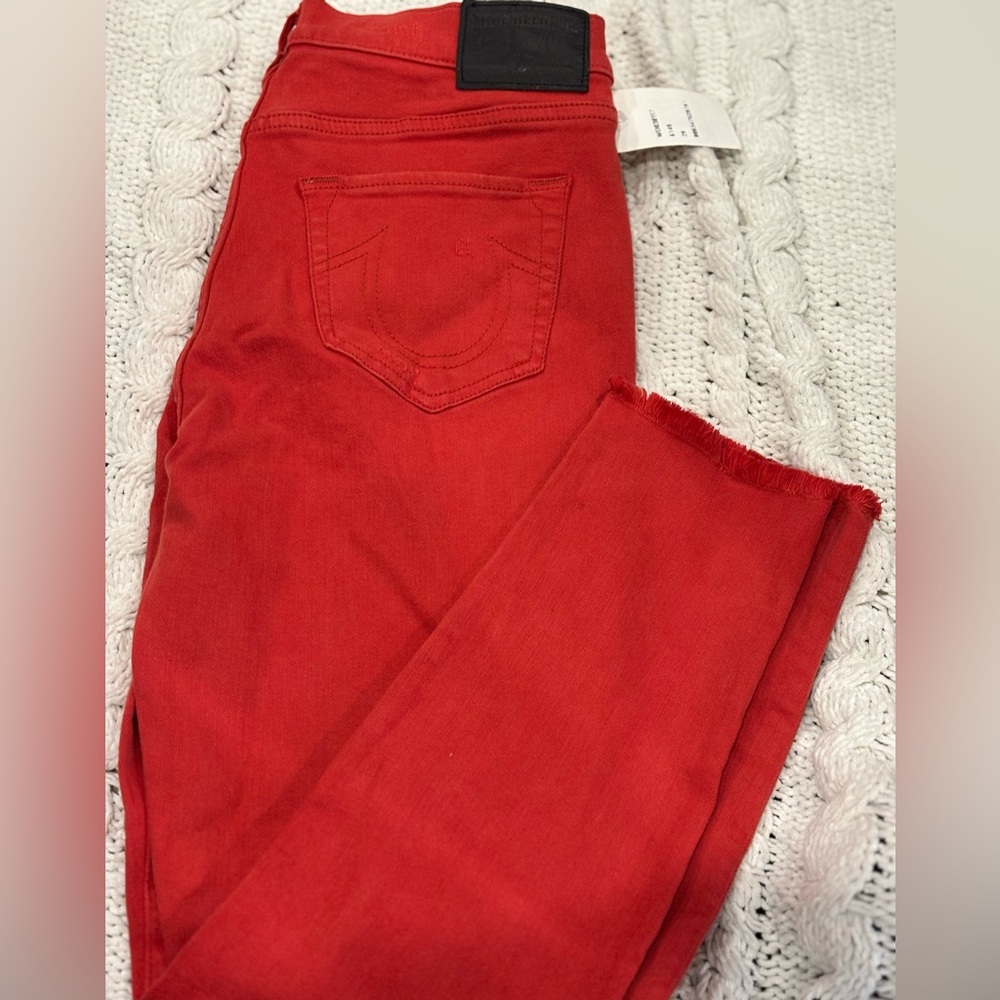 True Religion Halle Mid-Rise Crop Jeans in Orange Red